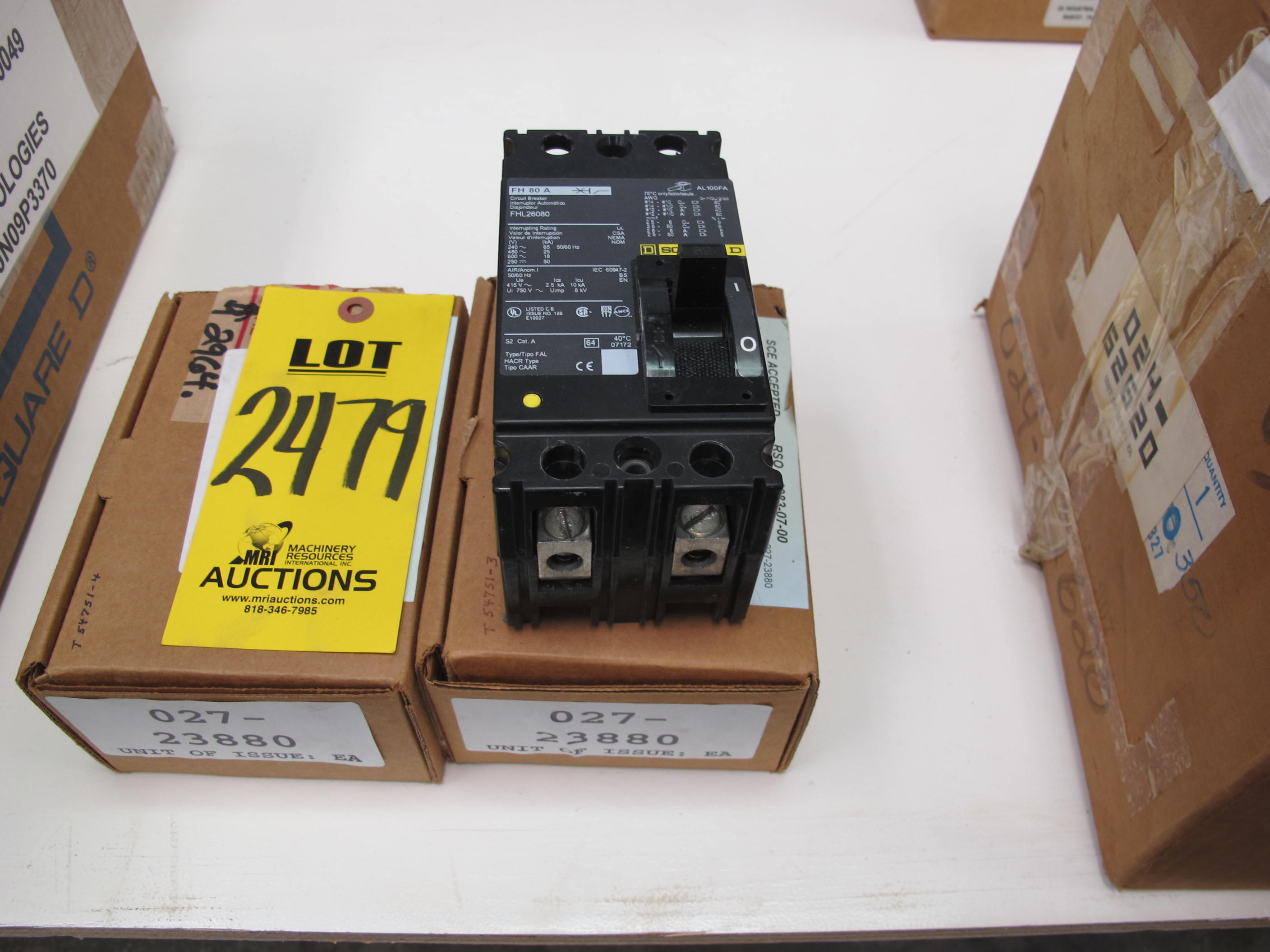 LOT (2) BREAKERS, CIRCUIT TYPE, THERMAL MAGNETIC KIND, MOLDED CASE OTHER, 80 A AMP RATING, 600 VAC VOLT RATING, 2 POLE. SQUARE D MODEL FHL26080, PART # 07-710812-00 (W-44) LOADING & HANDLING FEE $5-